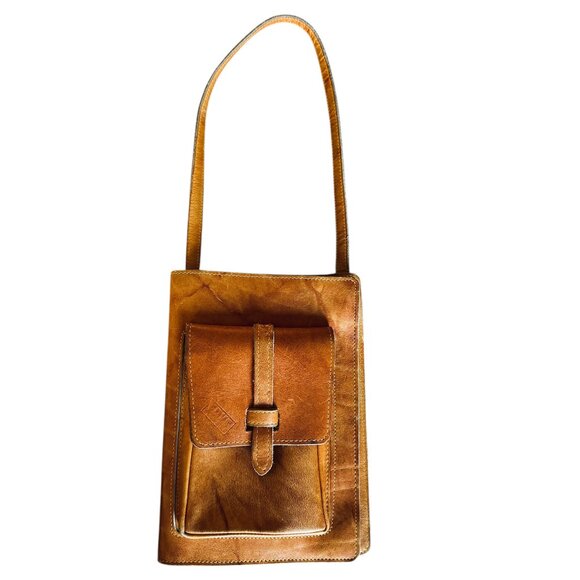 Frye Artisan Rectangle Adjustable Camel Leather Bag Fold Over Adjustable Strap - Picture 3 of 16